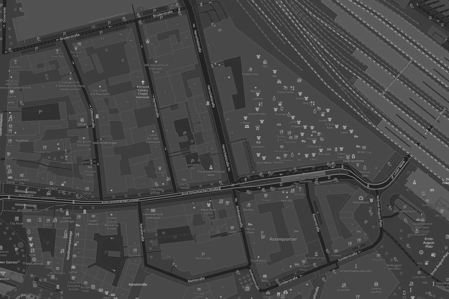 Karte der Umgebung mit dem Loft in der Herrenstraße und vier Hotels in Laufweite